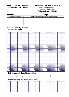 Đề kiểm tra chất lượng học kì I Toán lớp 1 - Năm học 2016-2017